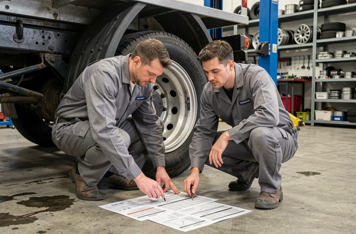 Deux mécaniciens analysant les charges techniques d'un camion porteur sur des documents de dimensionnement dans un atelier automobile