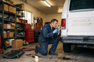 Mécanicien inspectant les feux arrière d'un utilitaire blanc dans un garage avant un long trajet
