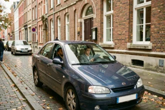 Vue d'ensemble d'une auto-école à Lille avec une voiture double-commande garée devant un bâtiment en briques flamandes