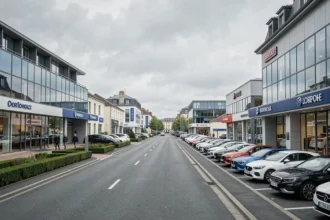 Vue panoramique d'une avenue de concessionnaires automobiles à Bordeaux, Gironde, avec showrooms vitrés et véhicules neufs exposés