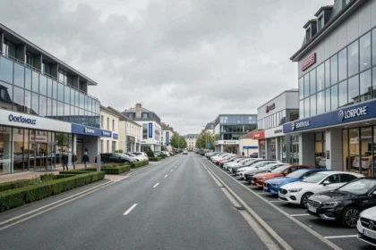 Vue panoramique d'une avenue de concessionnaires automobiles à Bordeaux, Gironde, avec showrooms vitrés et véhicules neufs exposés