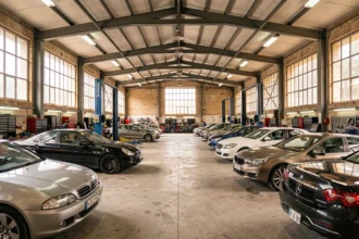Vue intérieure d'un garage automobile professionnel dans le Vaucluse avec plusieurs voitures en réparation sur des ponts élévateurs
