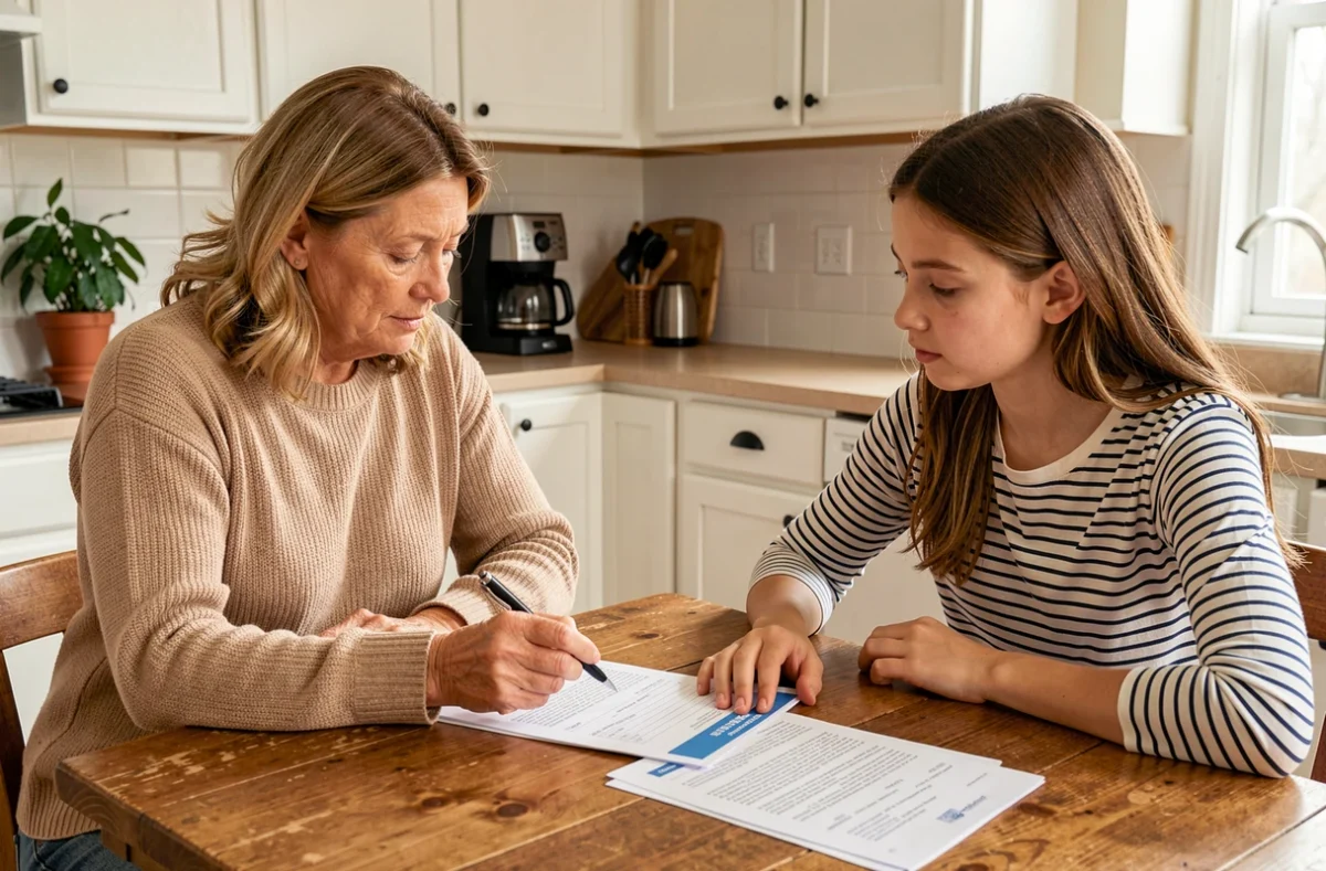 Mère et fille adolescente examinant des documents d'assurance scooter à la table de cuisine familiale