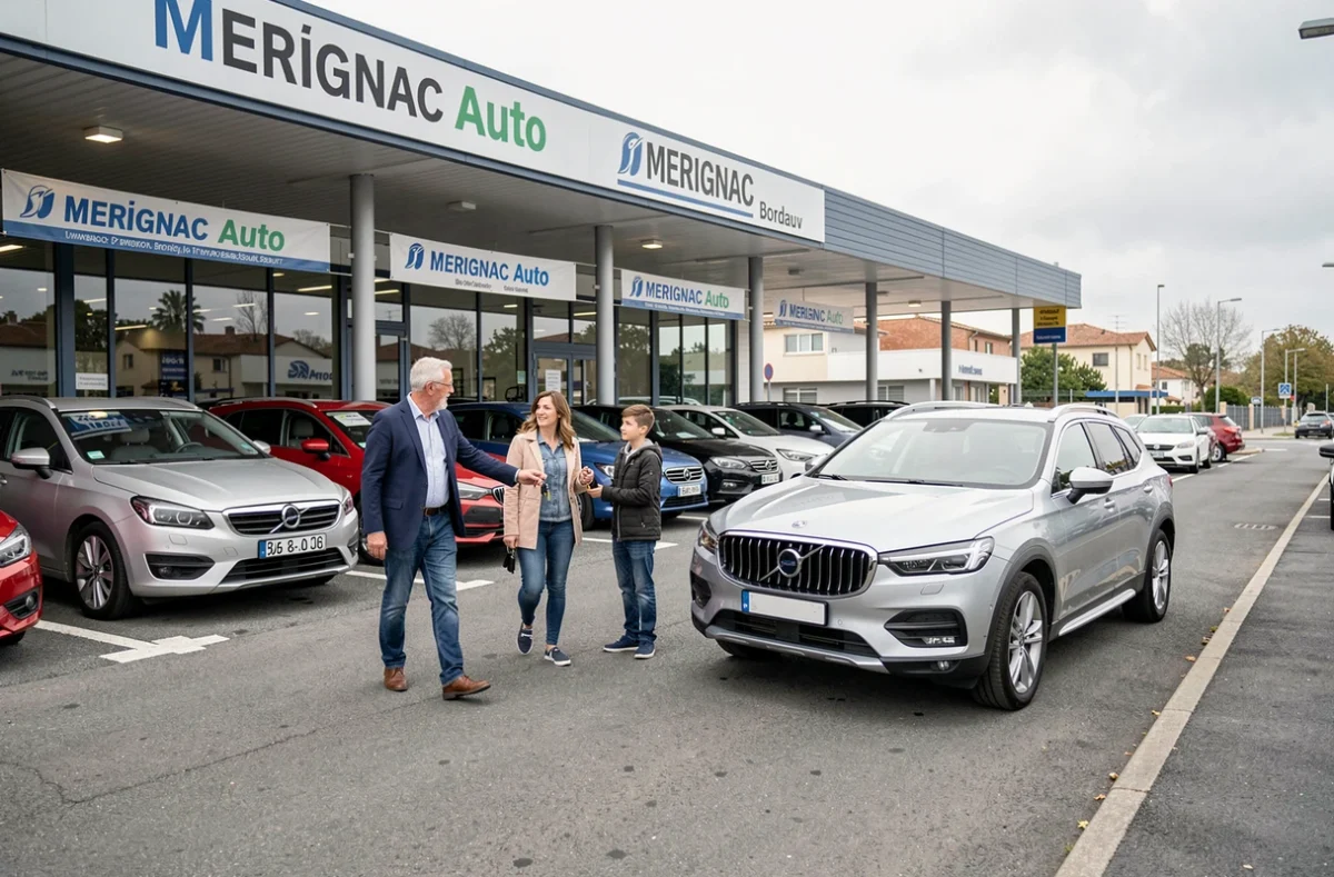 Parvis extérieur du concessionnaire Merignac Auto avec stock de véhicules d'occasion et vendeur guidant une famille