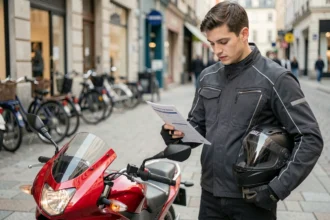 Jeune motard en veste textile examinant un contrat d'assurance moto 125cc sur un trottoir urbain