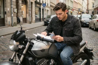 Motard consultant son assurance moto sur smartphone en ville