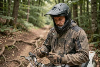Motard enduro consultant un devis d'assurance moto sur smartphone au bord d'un sentier forestier