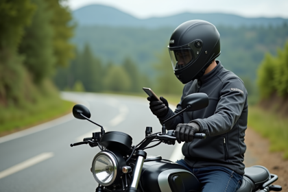 Motard en jacket textile sur sa moto en campagne