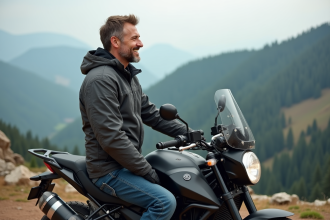 Motard en veste d'aventure sur une moto en montagne