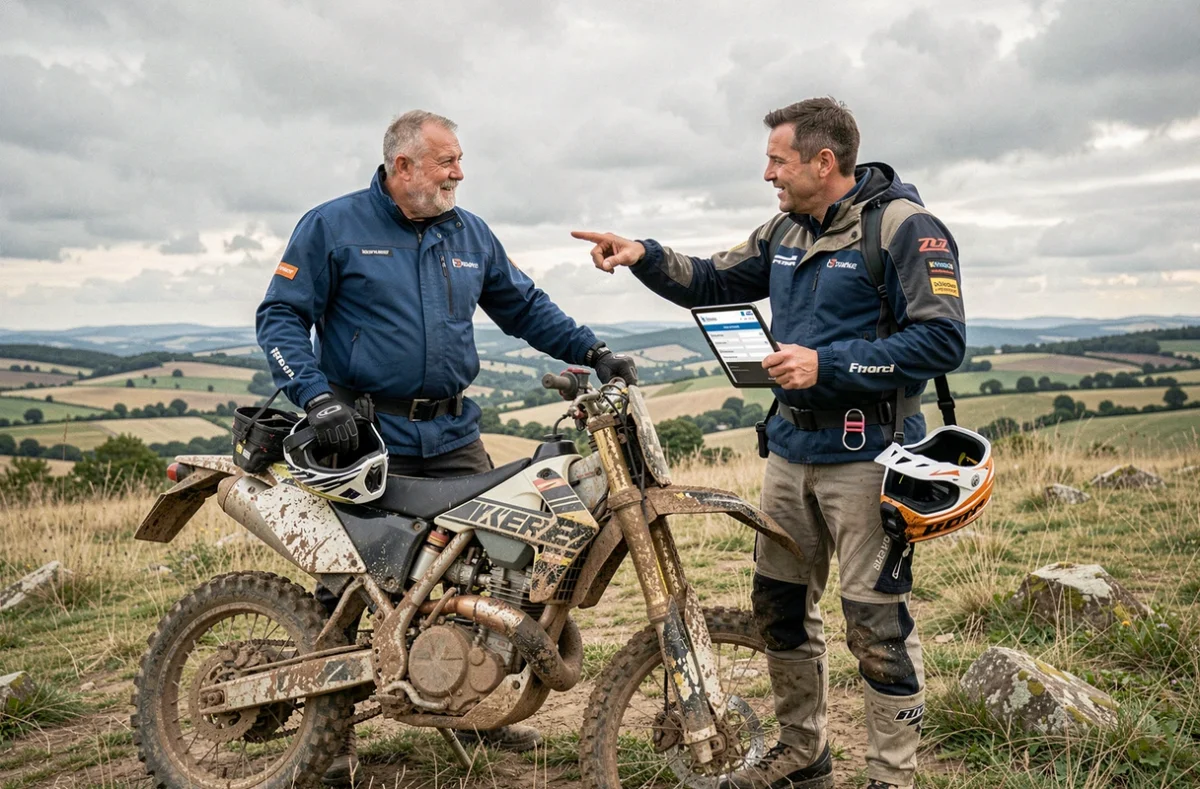 Deux motards enduro comparant des devis d'assurance moto sur tablette au sommet d'une colline