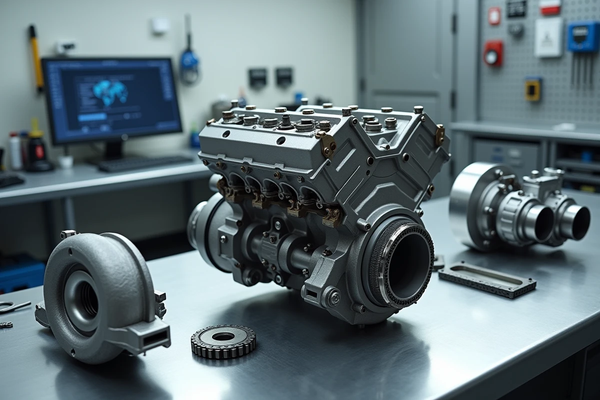 Moteur TCe démonté avec ses composants turbo et chaîne de distribution disposés sur un établi de laboratoire automobile