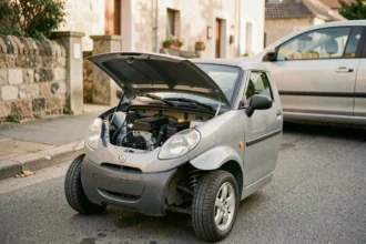 Moteur d'une voiture sans permis avec capot ouvert montrant la cylindrée réduite