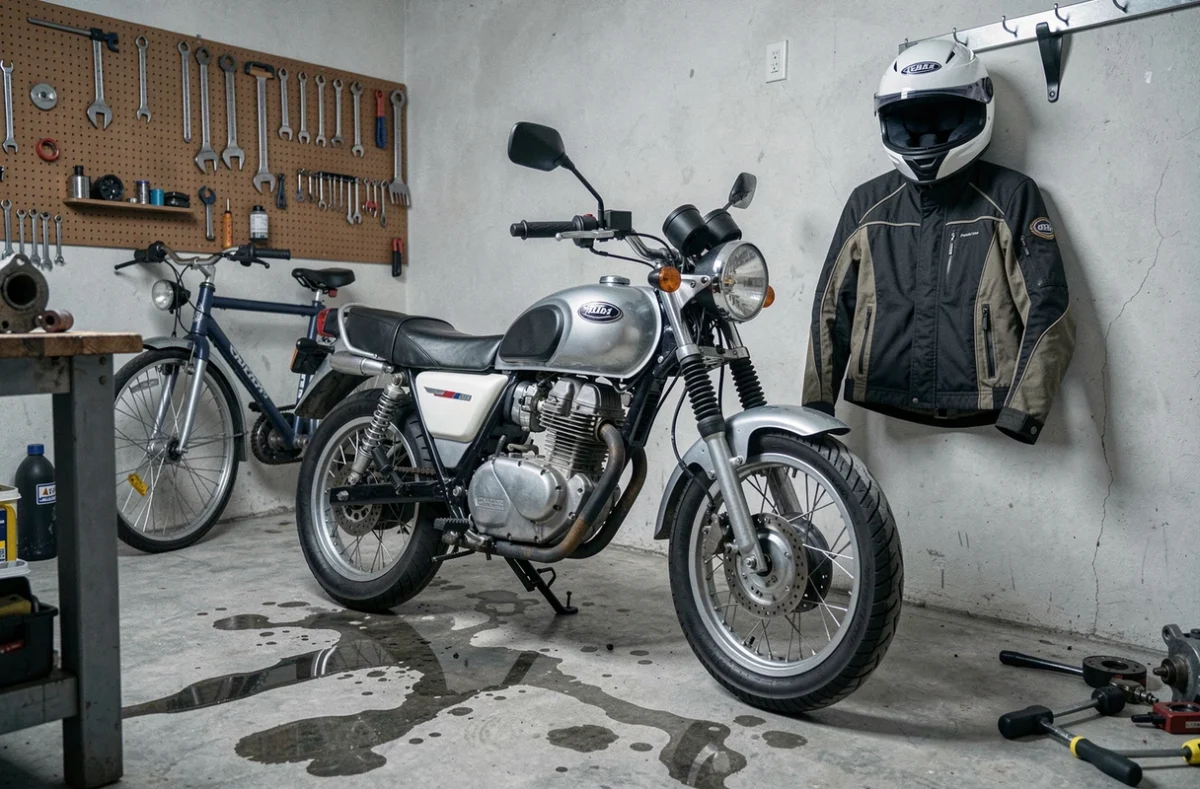 Moto 125cc garée dans un garage familial avec casque et veste de moto accrochés au mur