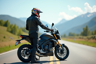 Motard avec moto de tourisme sur route en campagne en plein jour