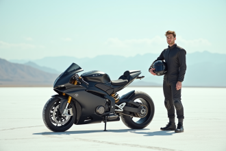 Jeune homme en combinaison de course avec moto sur sel