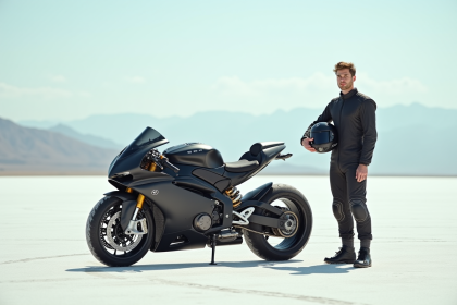 Jeune homme en combinaison de course avec moto sur sel