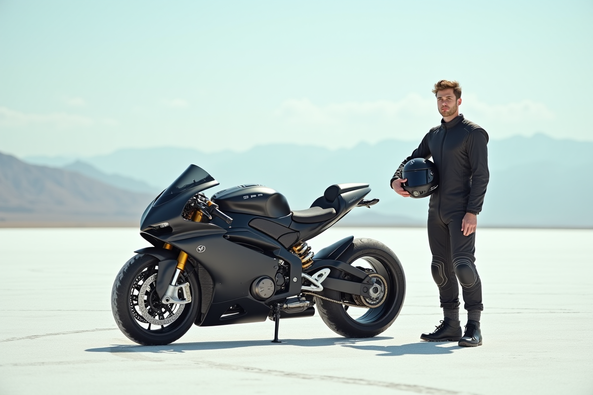 Jeune homme en combinaison de course avec moto sur sel