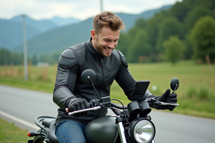 Jeune motard vérifiant son téléphone sur la route rurale