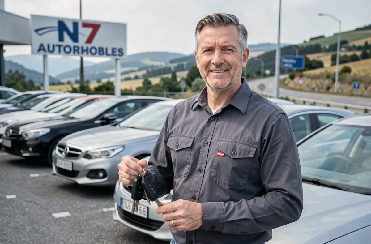 Vendeur et mécanicien de N7 Automobiles devant le parc de véhicules d'occasion du garage à Piolenc dans le Vaucluse