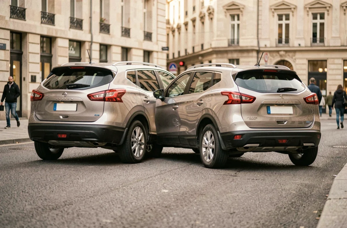 Vue en trois quarts arrière du Nissan Qashqai et du Peugeot 3008 côte à côte pour comparer leur gabarit