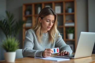 Femme consultant le numéro de formule de sa carte d'identité devant un ordinateur portable lors d'une démarche administrative en ligne