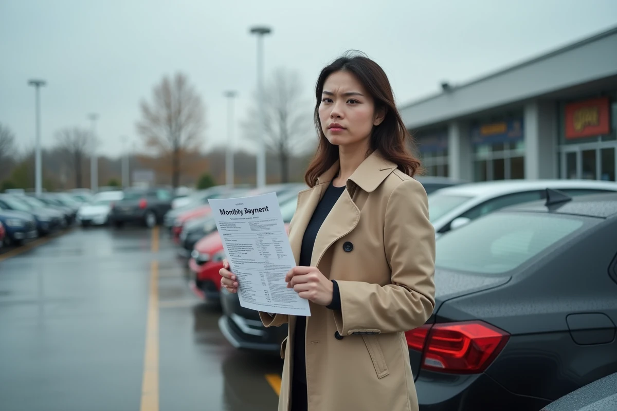 Femme consultant une offre de voiture à 59 euros par mois dans un parking de concession automobile