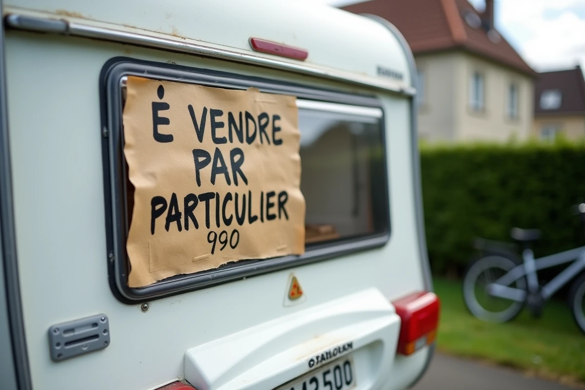 Panneau à vendre par particulier sur une caravane occasion abordable dans une allée de maison française