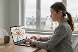 Femme paramétrant des alertes trafic Sytadin sur ordinateur portable dans un bureau à domicile en région parisienne
