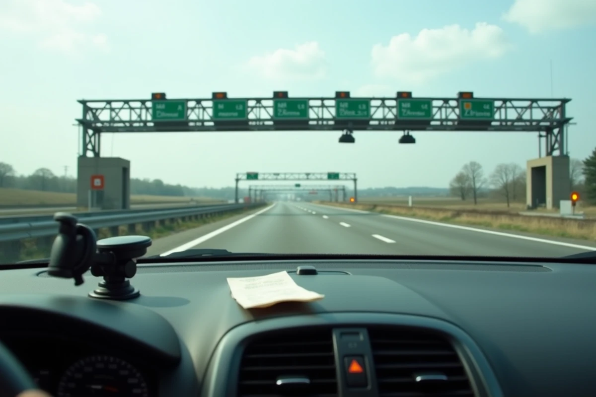 Vue depuis l'intérieur d'un véhicule approchant d'un péage d'autoroute français