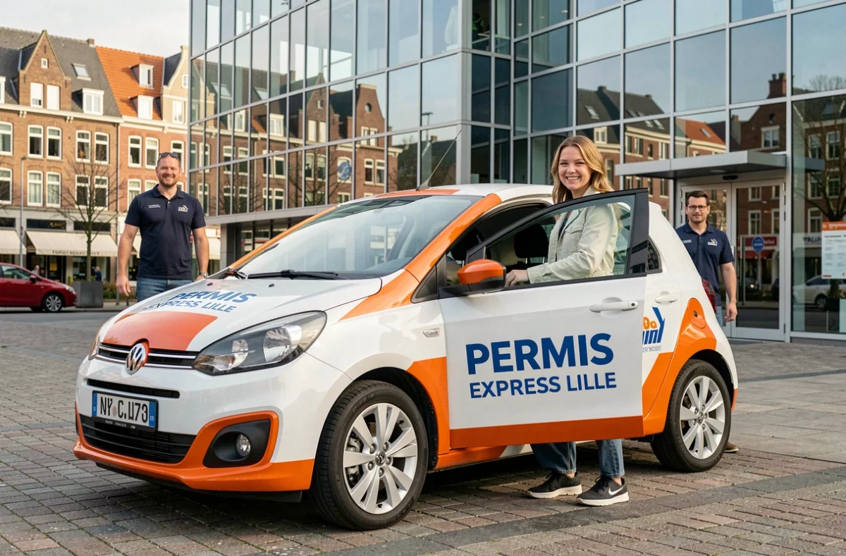 Élève souriante sortant d'une voiture de Permis Express Lille après une leçon de conduite réussie en centre-ville