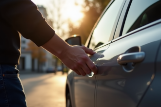 Personne inspectant la poignée de la Peugeot 308 en extérieur