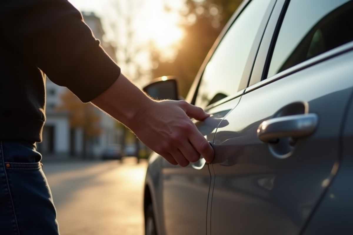 Personne inspectant la poignée de la Peugeot 308 en extérieur