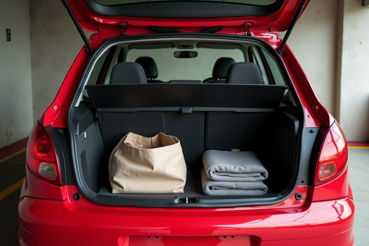 Coffre ouvert d'une Peugeot 206 hatchback rouge avec des objets du quotidien illustrant le volume de chargement