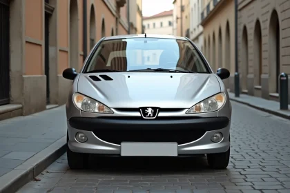 Peugeot 206 hatchback grise vue de trois quarts avant dans une rue pavée européenne, mettant en valeur ses dimensions compactes