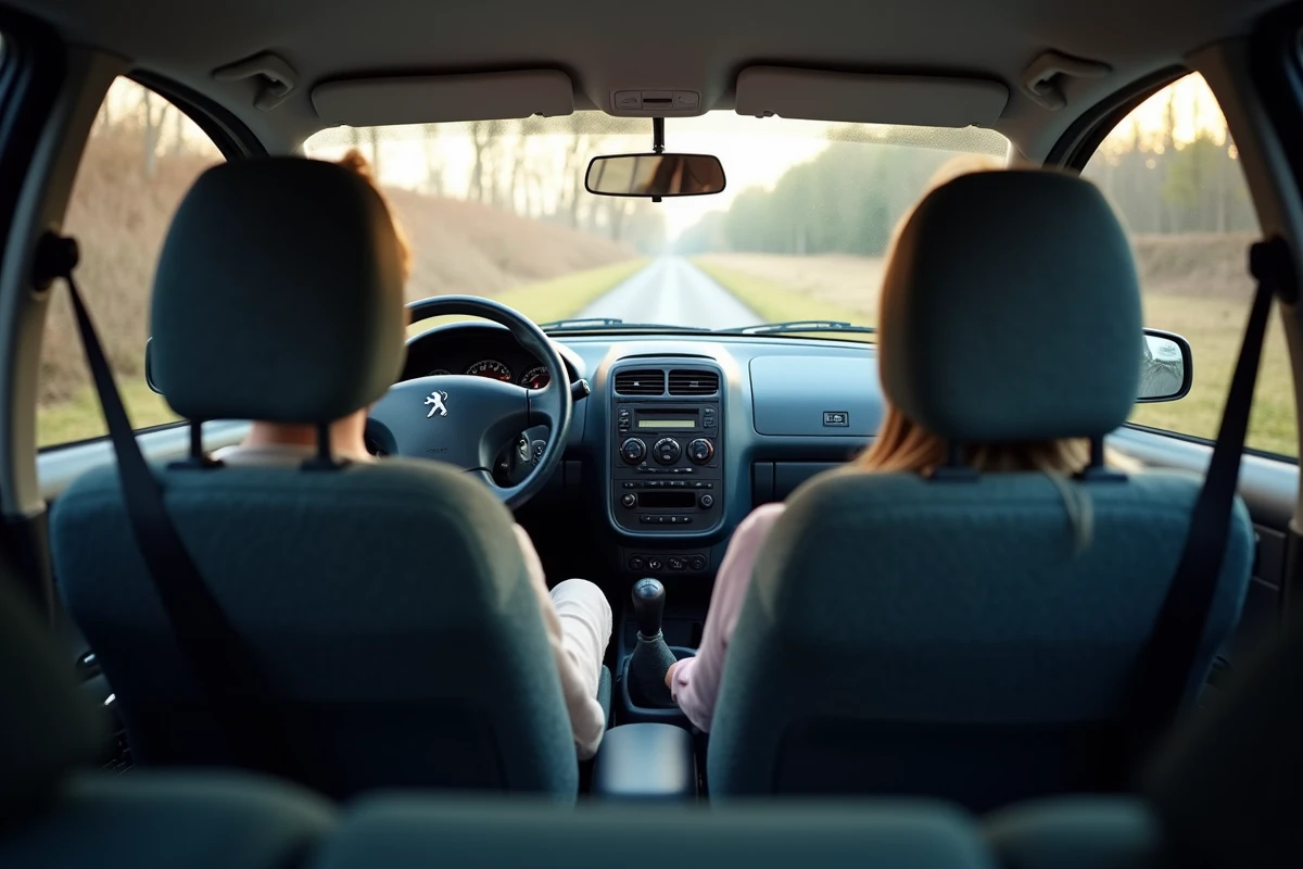 Intérieur de la Peugeot 206 hatchback bleue vu depuis la banquette arrière, montrant le tableau de bord et l'espace de vie à bord