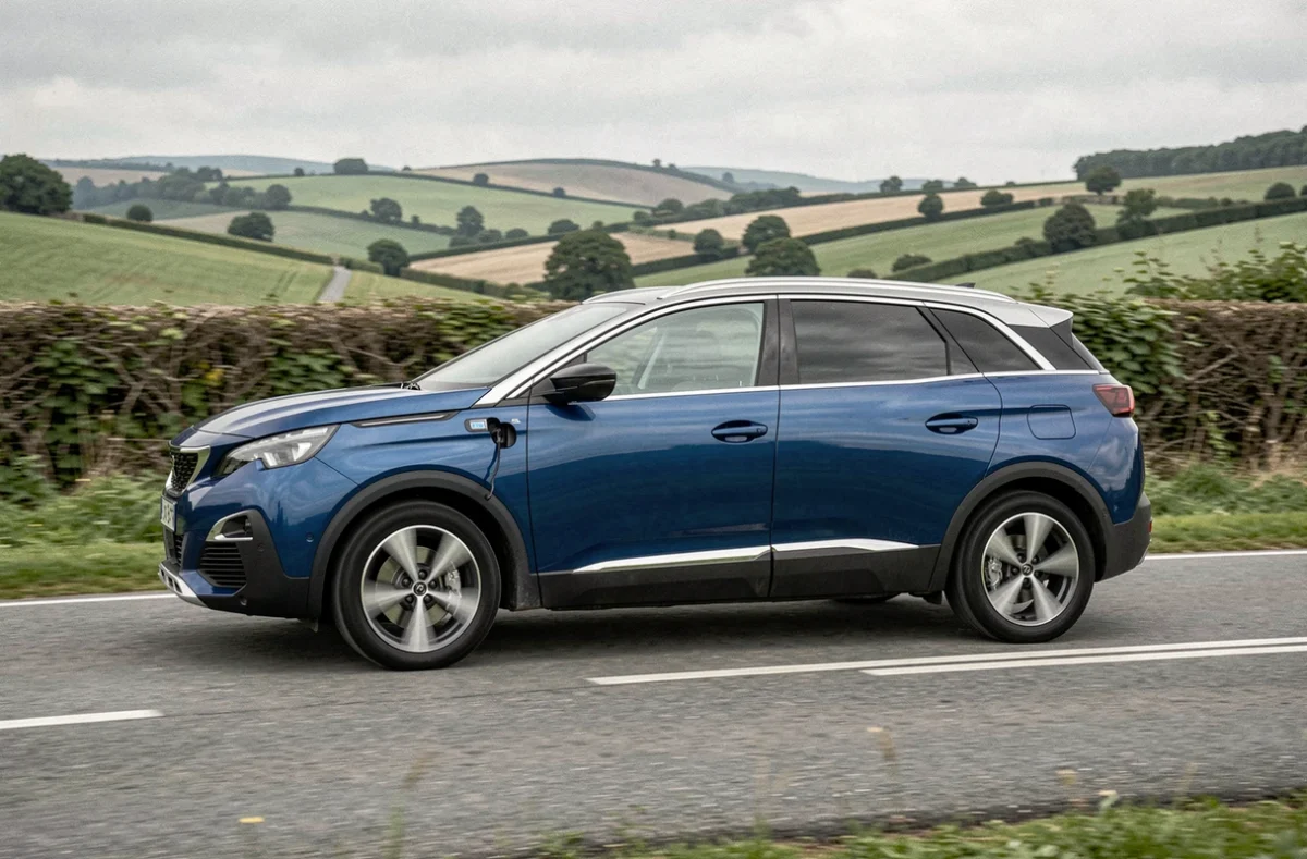 Peugeot 5008 hybride rechargeable bleu en conduite sur route de campagne française, illustration motorisation PHEV pour guide d'achat