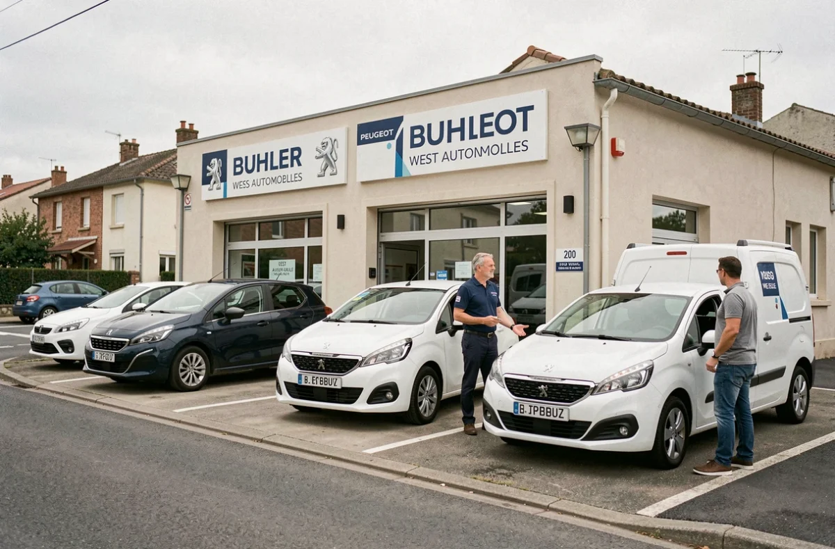 Extérieur du concessionnaire Peugeot Buhler West Automobiles Agent avec véhicules neufs sur le parvis et agent accueillant un client