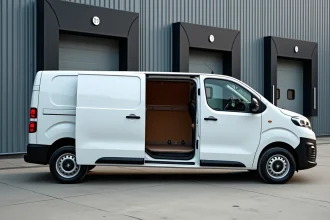 Peugeot Expert blanc en version longue garé devant un entrepôt urbain, porte coulissante ouverte révélant le volume du compartiment cargo