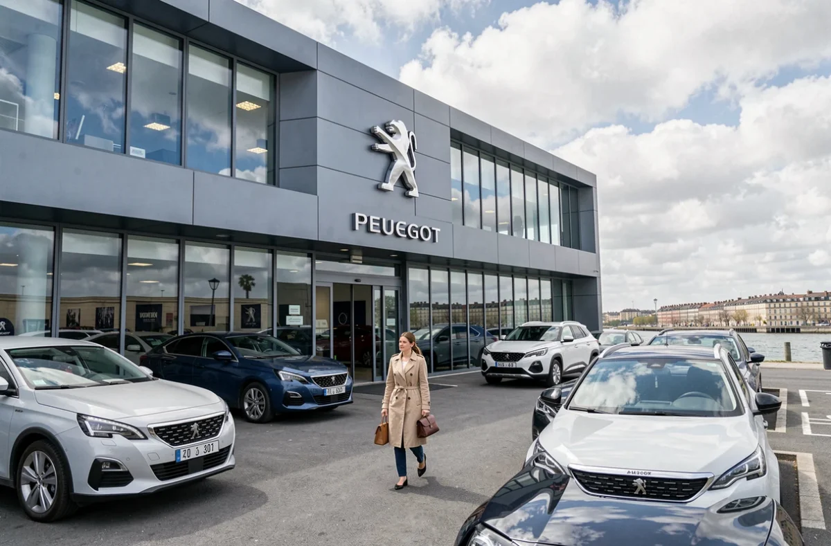 Façade extérieure du garage Peugeot Alfred Daney à Bordeaux avec véhicules neufs exposés sur le parvis