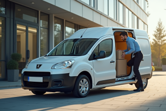 Voiture Peugeot Partner Tepee devant un bâtiment moderne