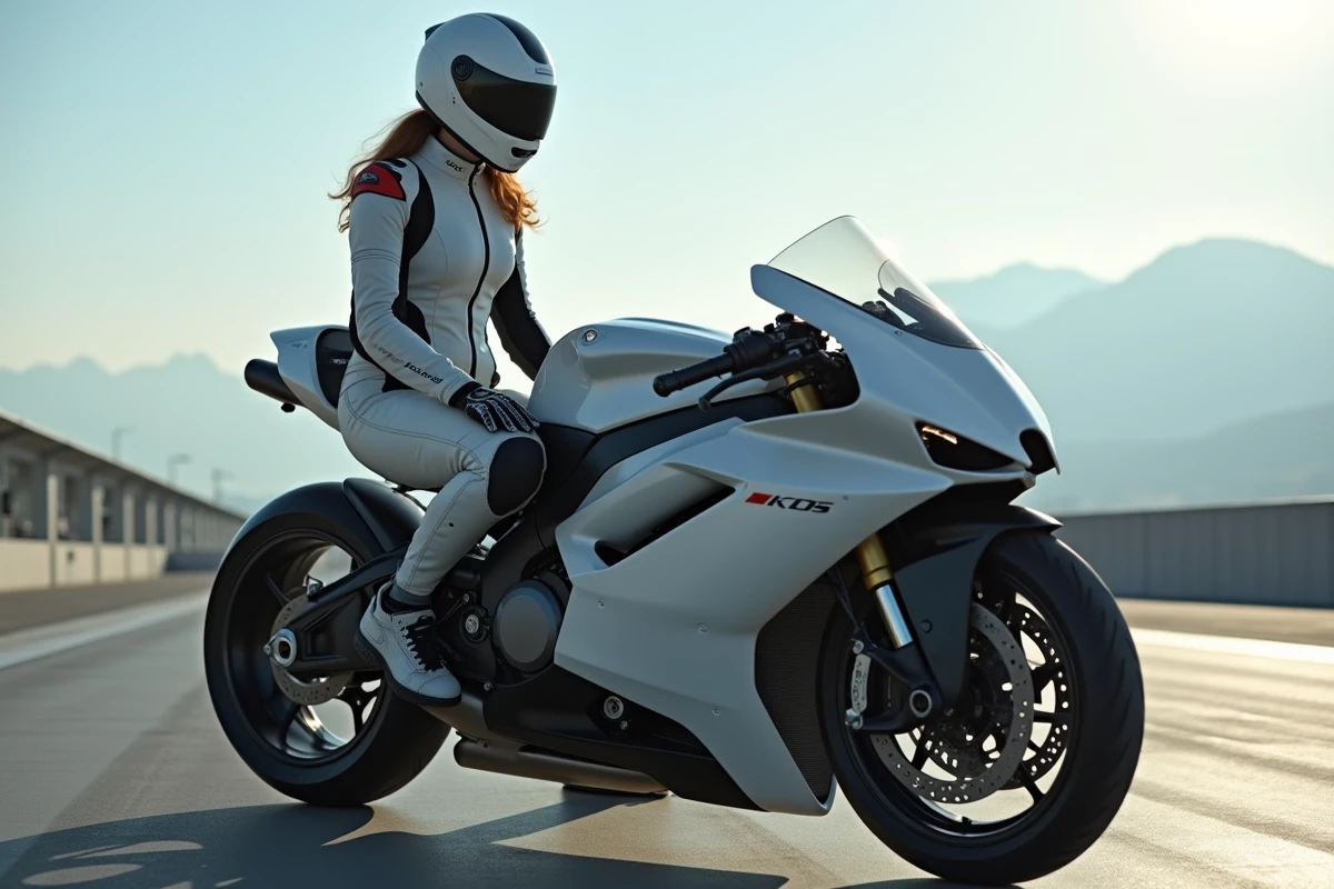 Femme pilote moto sportive sur grille de depart futuriste