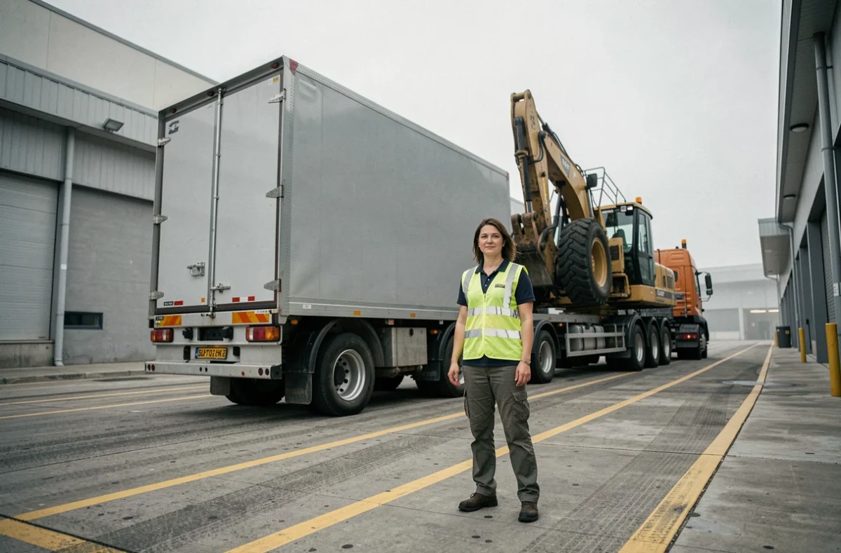 Professionnelle de la logistique évaluant la capacité d'un porteur lourd et d'une remorque surdimensionnée dans un terminal de fret industriel