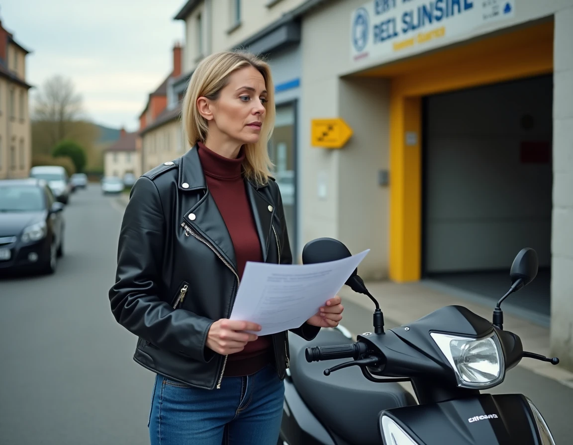Propriétaire de scooter consultant son document de contrôle technique devant un centre agréé