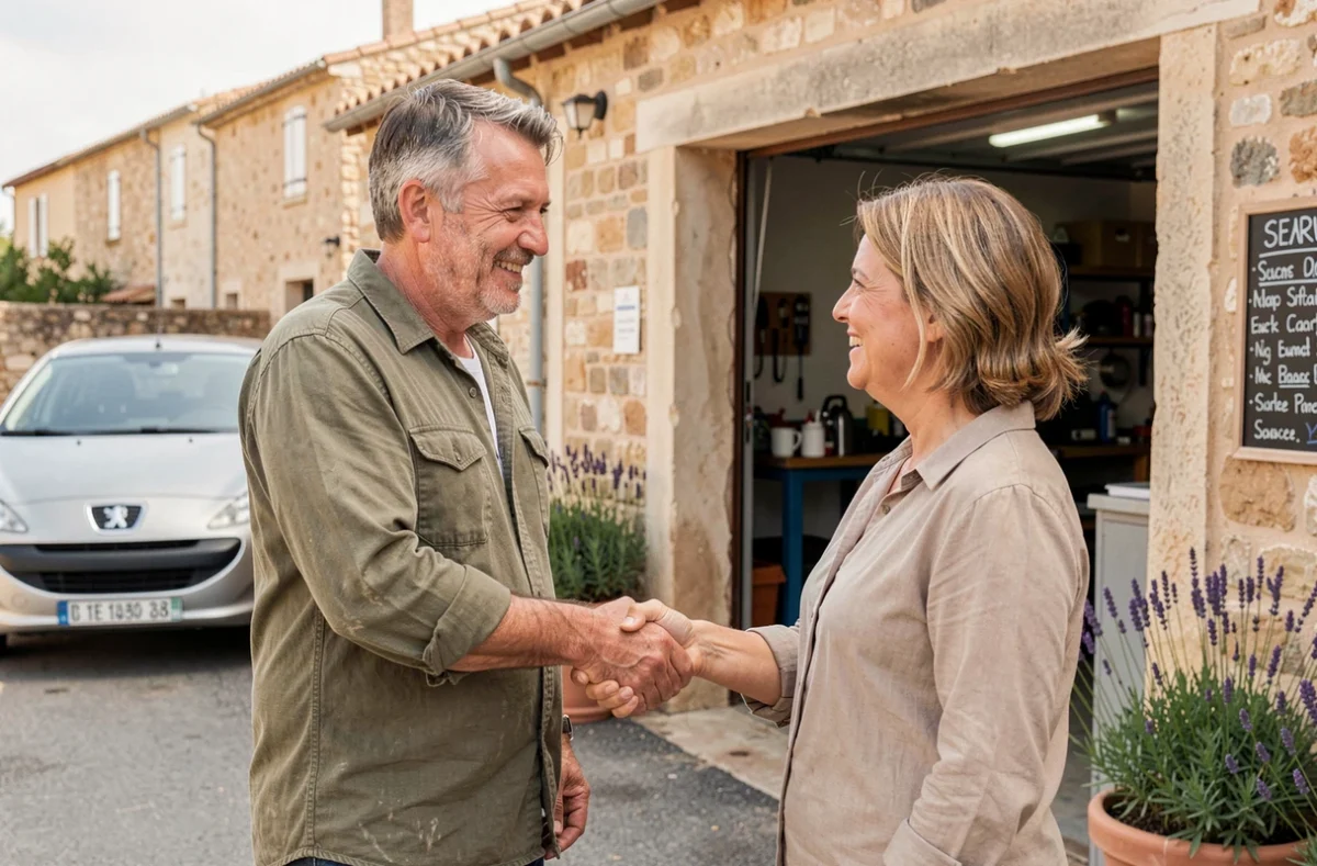 Propriétaire du Provence Garage accueillant une cliente dans son atelier de mécanique générale de proximité en Provence