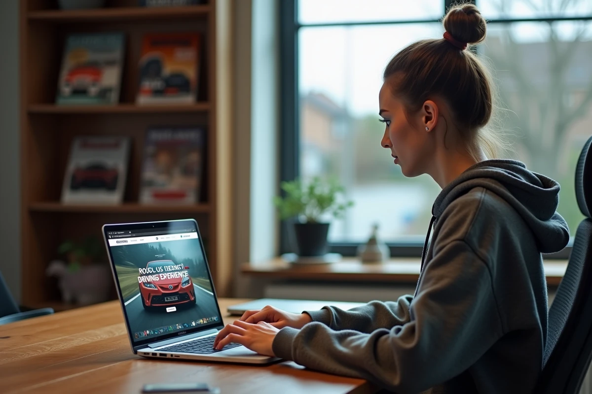 Femme cherchant une promotion pour réserver un stage de conduite sur circuit depuis son domicile