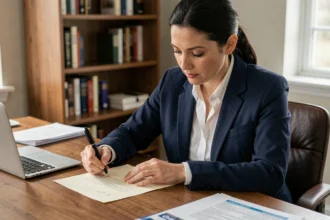 Femme rédigeant une lettre de résiliation d'assurance voiture à son bureau
