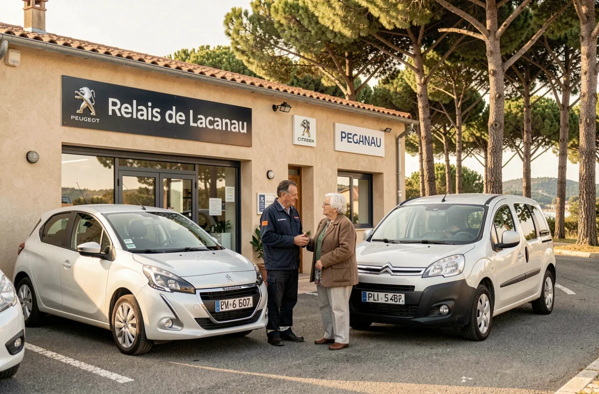 Extérieur du Relais de Lacanau agent Peugeot et Citroën en Gironde avec façade double marque et véhicules neufs sur le parvis