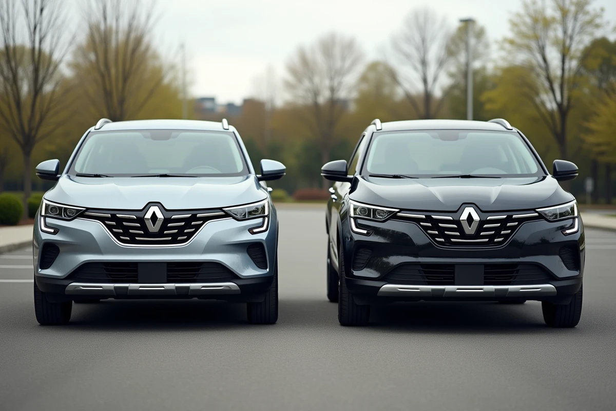 Comparaison côte à côte de la Renault Symbioz en Gris Rafale et Noir Étoilé dans un parc de concessionnaire