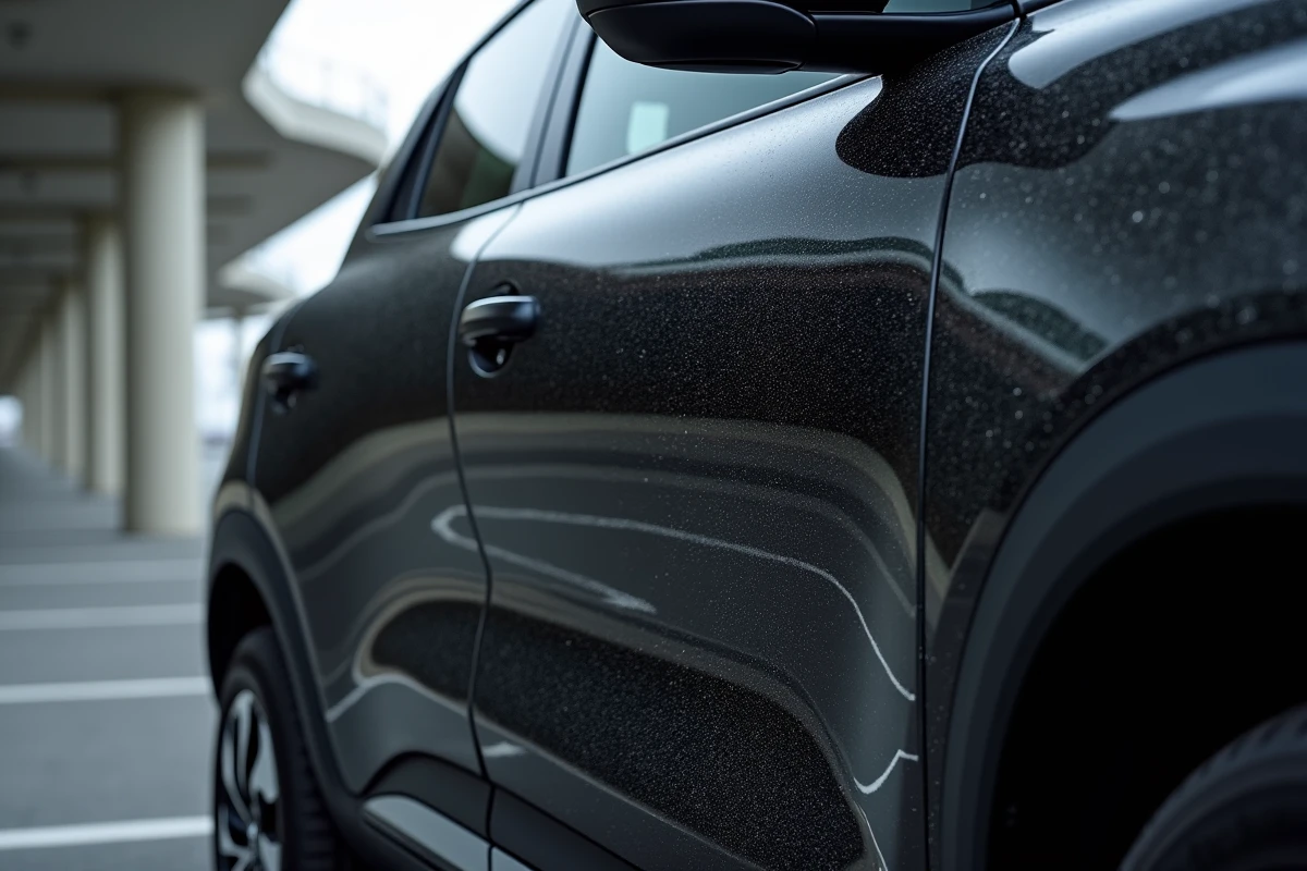 Détail de la peinture Noir Étoilé nacré de la Renault Symbioz sur le panneau de porte et l'aile arrière
