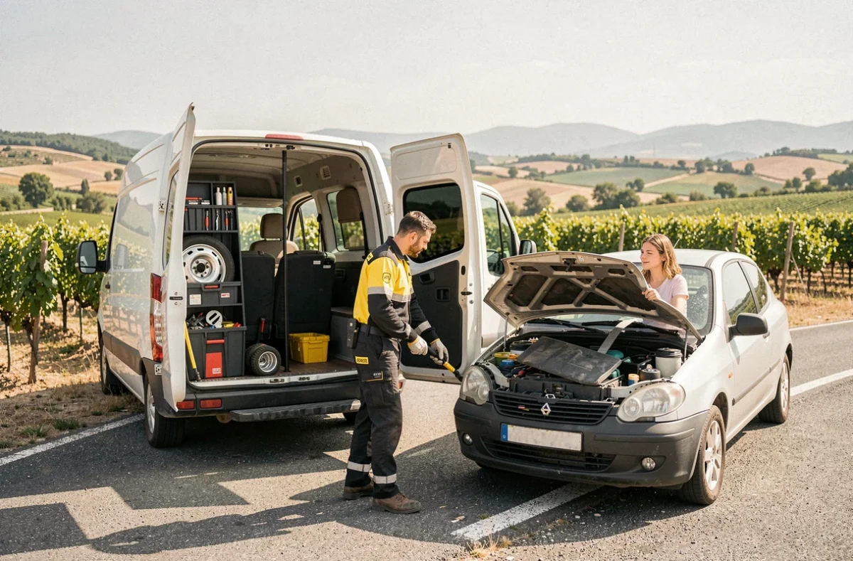 Technicien du réseau Repar and Go intervenant rapidement auprès d'une automobiliste en panne sur une route du Vaucluse